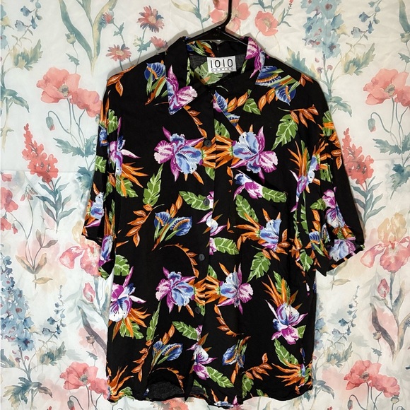Vintage Black and Purple Floral Button Down Shirt - Picture 1 of 10